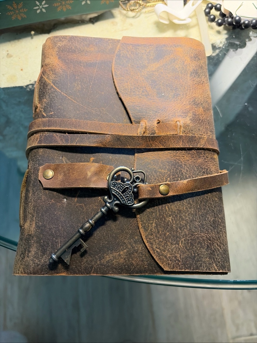 Vintage Brown Leather Journal Wrap with Decorative Key Closure